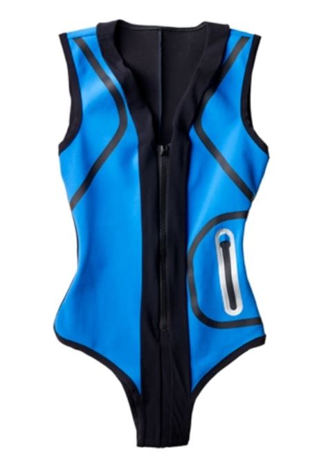 Black And Blue Sporty Scuba Style Zippered One Piece Swimsuit By