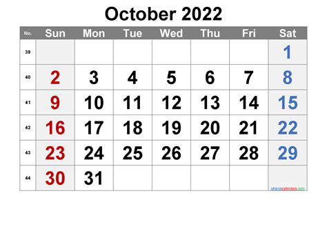 Free October 2022 Calendar With Week Numbers