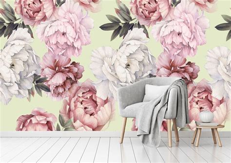 Shabby Chic Peonies Peel And Stick Wallpaper Floral Etsy