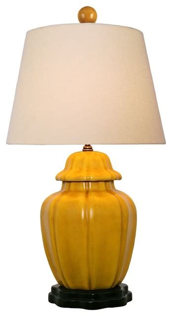 Mustard Yellow With Beige Empire Shade Porcelain Table Lamp Asian