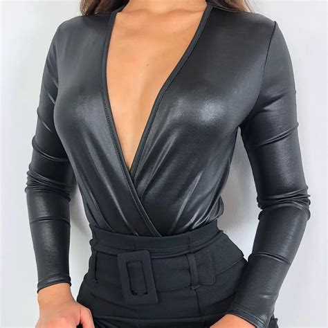 Aliexpress Com Buy Sexy Women Pu Leather Bodysuit Deep V Neck Leotard Top Bodysuits Womens