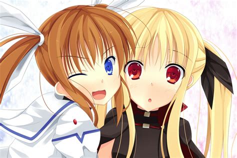 Safebooru 2girls Blonde Hair Blue Eyes Blush Brown Hair Cape Cheek To Cheek Fate Testarossa