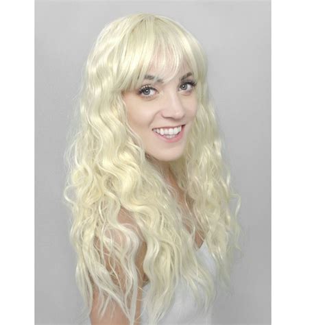 Platinum Blonde Crimped Curly Long Synthetic Wig With Bangs Etsy