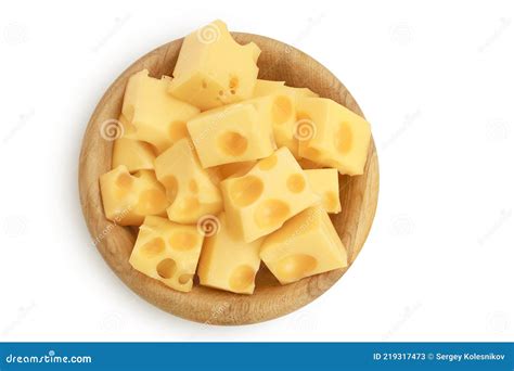 Cubes Of Cheese In Wooden Bowl Isolated On White Background With