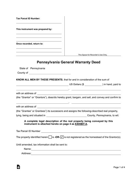 Free Pennsylvania General Warranty Deed Form Pdf Word Eforms