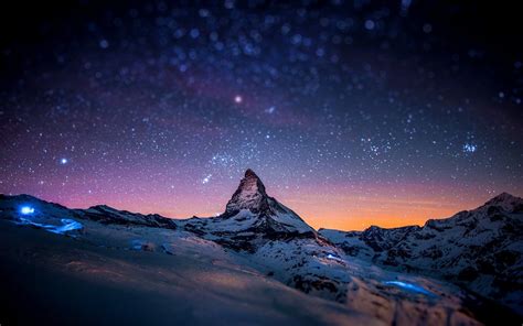 Snow Night Stars Bokeh Switzerland Alps Matterhorn Zermatt Cervino