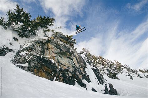 Skier Jumping Cliff In Whistler Backcountry Extreme Ski By Stocksy