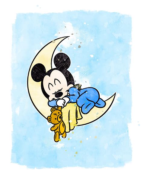 Sleepy Mickey Mouse Watercolor Print Nursery Prints Instant Etsy