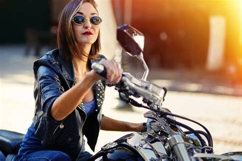 Biker Girl In A Leather Jacket On A Motorcycle Stock Photo Image Of