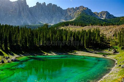 Lake Carezza Karersee South Tyrol Dolomites Italy Stock Image
