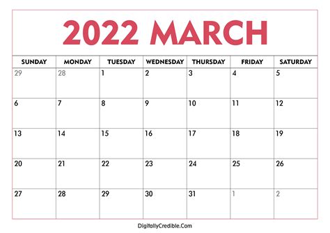 March 2022 Calendar Printable Desk And Wall