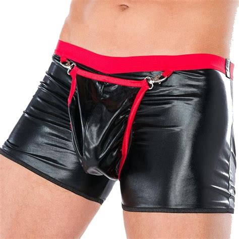 Plus Size Boxers Black Open Pouch Bag Sexy Men Pu Leather Underwear Boxers Shorts Sheathy Cool