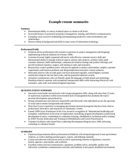 Example of a resume summary. FREE 8+ Resume Summary Samples in PDF | MS Word
