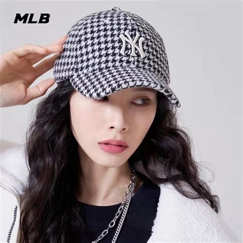 Women Houndstooth Cap Embroidery Retro Mlb Ny Baseball Cap White Black Plaid Hats Shopee Malaysia