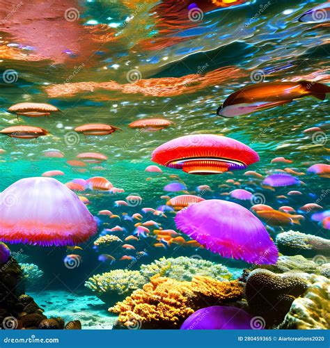 An Otherworldly Underwater Scene With Floating Jellyfish Vibrant Coral