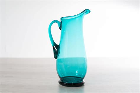Turquoise Blue Cocktail Pitcher Vintage Aqua Teal Glass Jug 1960 S Barware Vintage Mid