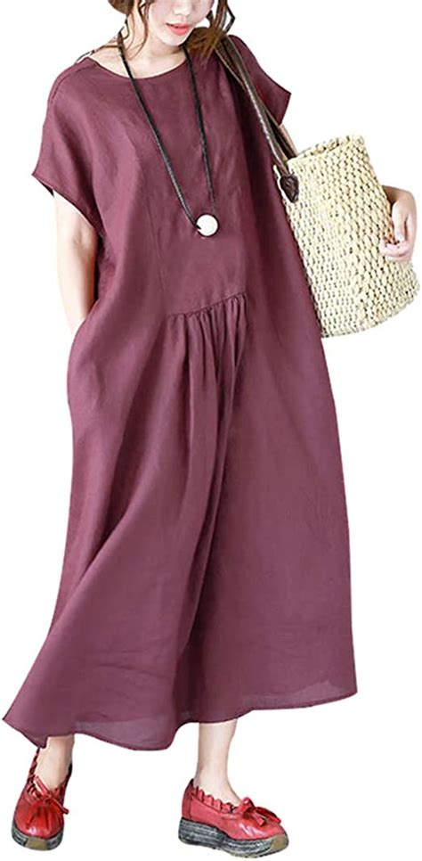 Buykud Women Linen Short Sleeve Casual Loose Shift Dress With Pockets