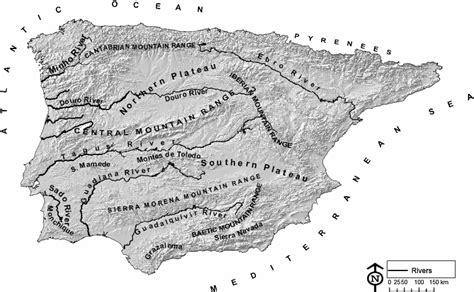 Map Of The Iberian Peninsula Depicting Altitude And Major Rivers Most