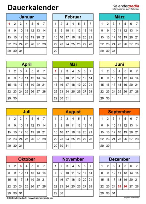 Dauerkalender Immerwährender Kalender Für Excel Zum Ausdrucken