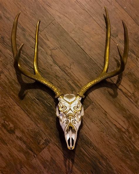 Hand Painted Tribal Deer Skull White And Gold Deer Skull Art Deer