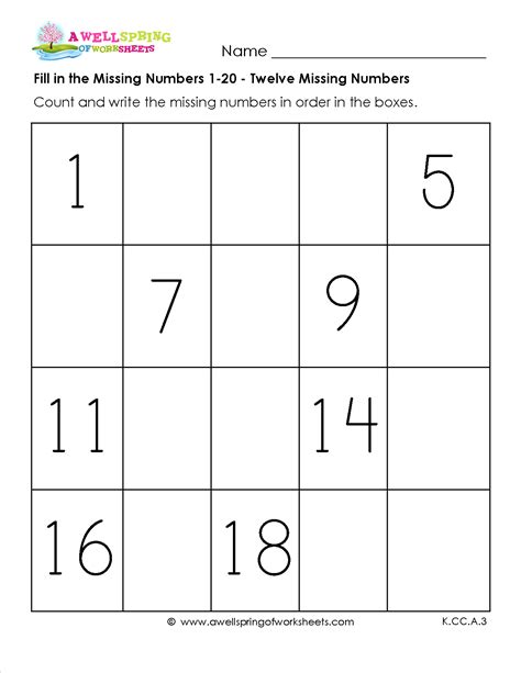 The countable nouns can be either singular o. Fill in the Missing Number 1-20 -These six worksheets are great for helping kids count and write ...