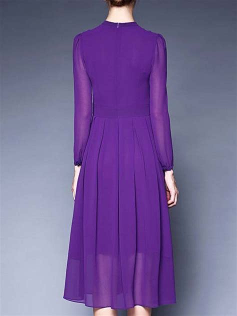 Purple Chiffon Long Sleeve Midi Dress Stylewe