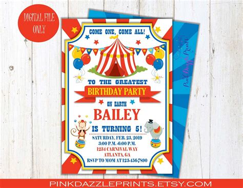 Printable Circus Party Invitation Birthday Invitation Carnival