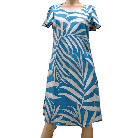 Islander Fronds Blue A Line Dress With Cap Sleeves