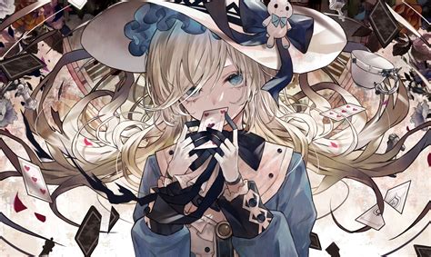 Wallpaper Anime Girls Long Hair Blonde Alice Aqua Eyes Gloves Hat Cards Roses Chess