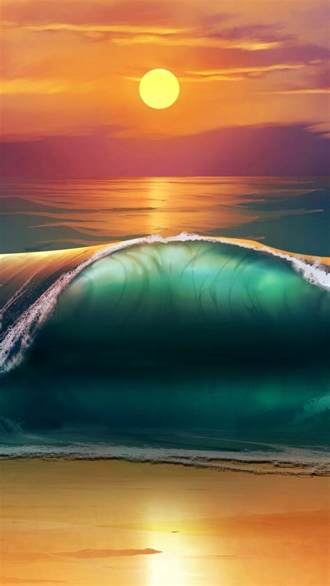 Download Wallpaper 1080x1920 Art Sunset Beach Sea Waves Samsung