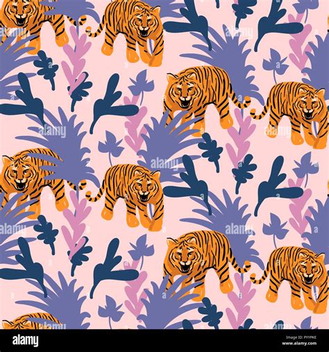 Vector Seamless Pattern With Tigers In The Jungle Tropical Pink And