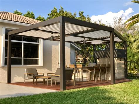 Here are some pergola lighting ideas that will turn it into an amazing outdoor space: Modern Altimate Pergola over outdoor kitchen, chimney ...