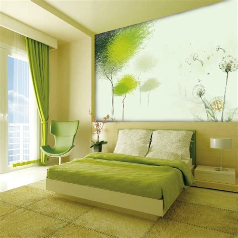 This room features a patterned upholstered headboard with brown nailhead trim work. Exquisite Wall Coverings from China