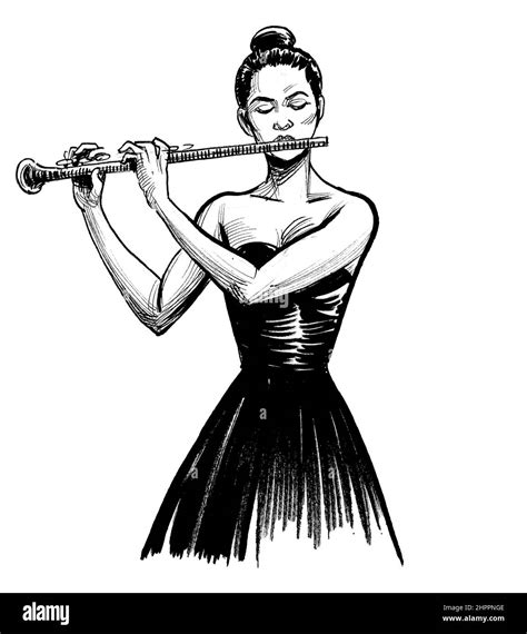 Pretty Woman Playing Flute Ink Black And White Drawing Stock Photo Alamy