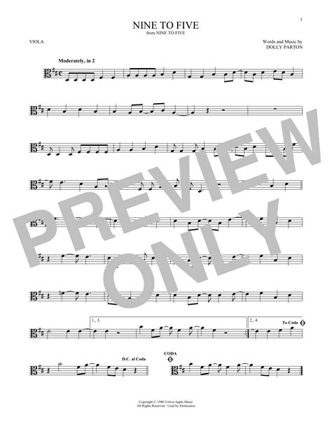 Nine To Five Sheet Music Dolly Parton Viola Solo