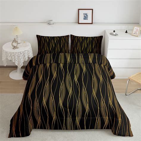 Geometric Bedding Set Abstract Art Striped Gold Black Comforter Set
