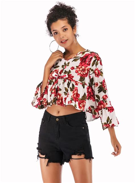 Women Summer Flare Sleeve Floral Chiffon Shirt V Collar Short Tops In