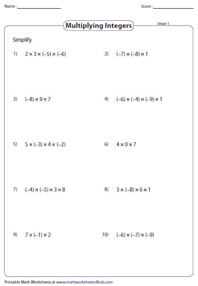 Multiplying and Dividing Integers Worksheets
