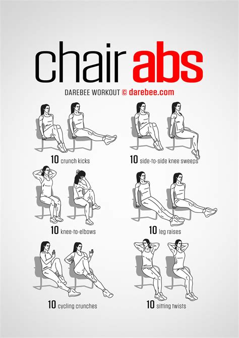 · for the dead bug exercise, start lying flat on your back with your knees bent and pointing to the ceiling, shins parallel to the ground. Chair Abs Workout