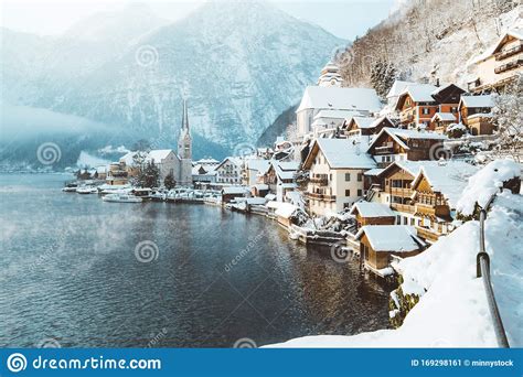 Classic View Of Hallstatt In Winter Salzkammergut Austria Stock Image