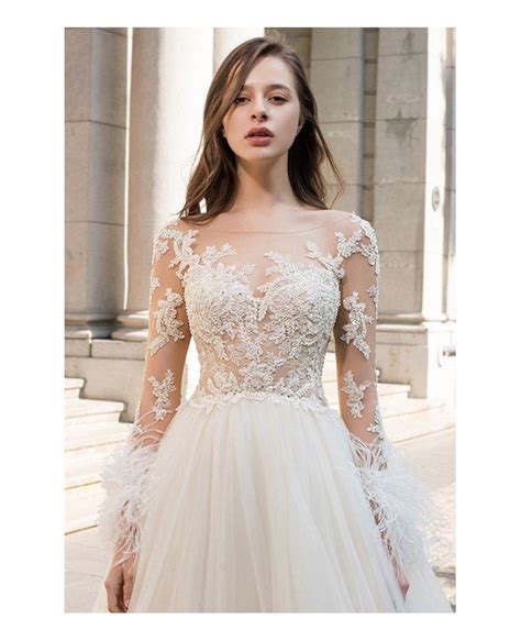 Sexy Sheer Top Beaded Long Sleeve Wedding Dress Open Back Tulle