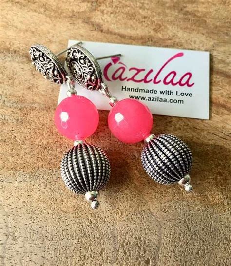 Ethnic Pink Beaded Gemstone Earrings At Azilaa