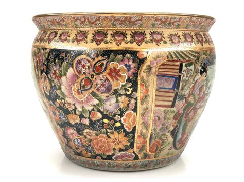 Two panels are painted with imperial peacocks while a floral design graces the other two panels. Lot - Vintage Satsuma Asian Koi Bowl Planter
