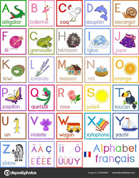 French Alphabet Cartoon Pictures Titles Children Education — Stock