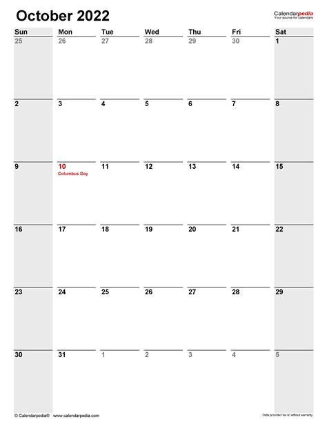 October 2022 Calendar Printable Excel