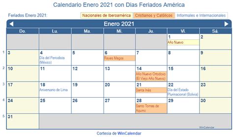 Calendario Enero 2021 Para Imprimir América