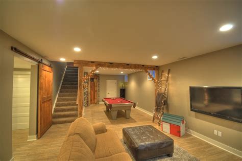 Contemporary Rustic Finished Basement With Reclaimed Barn Beams And Wine