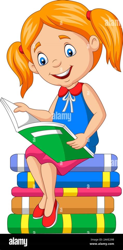 Cartoon Little Girl Reading A Book On The Pile Books Stock Vector Image