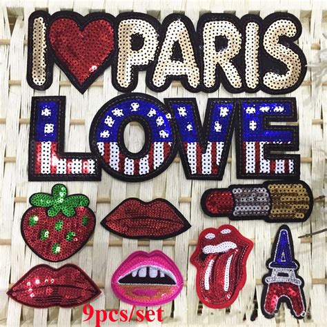 9pcs Sexy Lip Paris Love Parche Sequins Patches For Clothes Embroidered