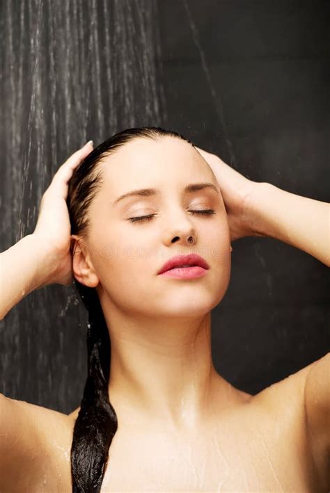 Woman Standing At The Shower Stock Image Image Of Bathroom Hygiene